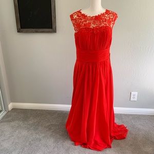 Red evening down with lace cap sleeves